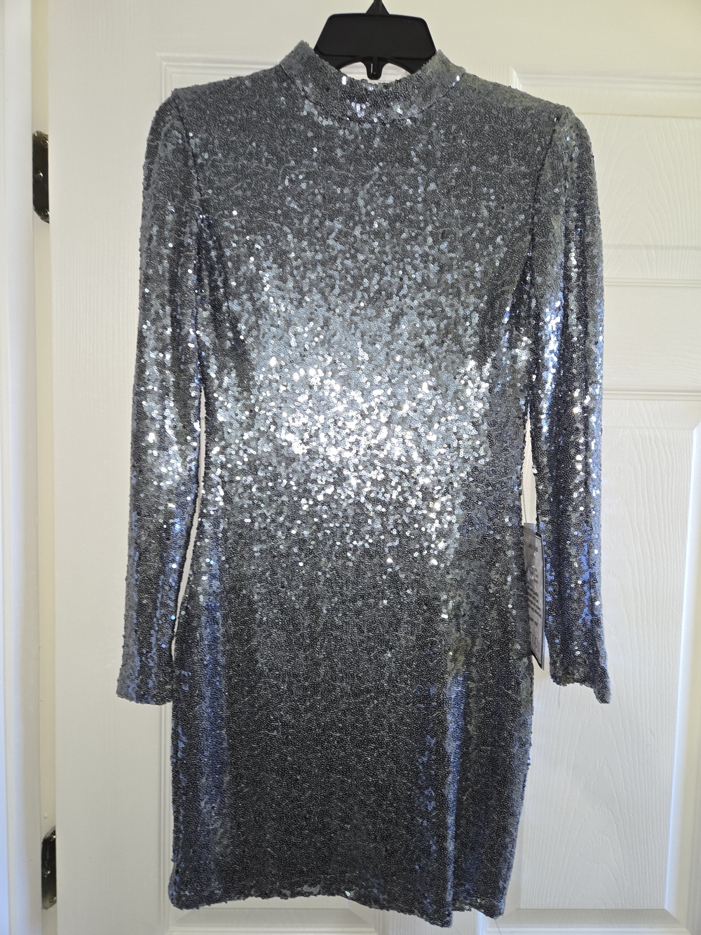 B Darlin Silver Sequin Long Sleeve Mock Neck Dress